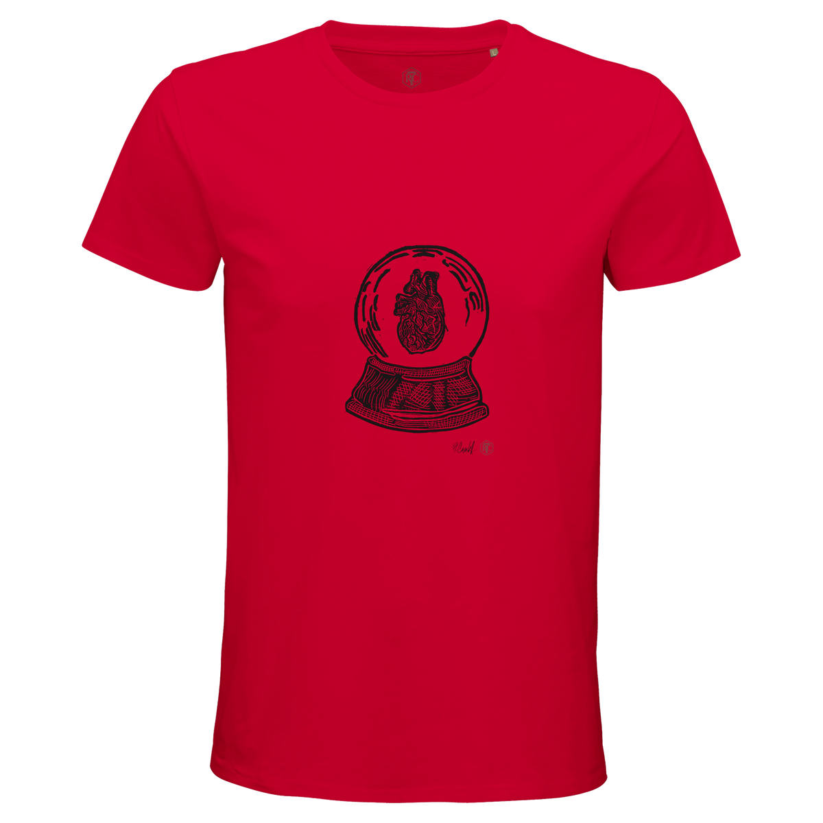Organic cotton T-shirt with the linocut “Snow Globe Heart” – red, men’s cut