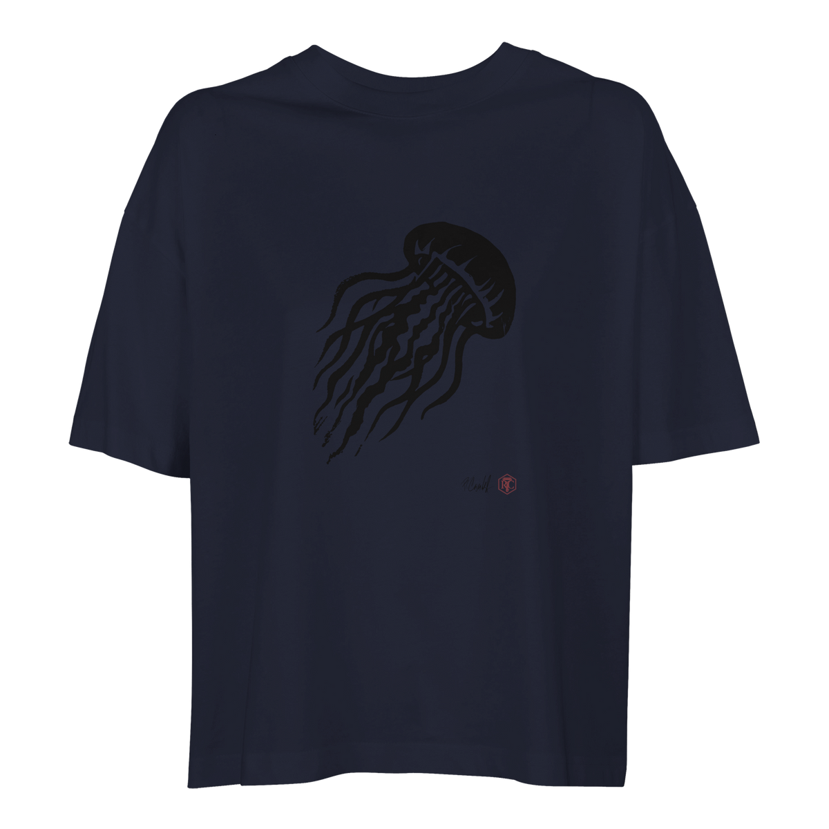 Organic cotton T-shirt with the linocut “Jellyfish” – navy blue, women’s cut