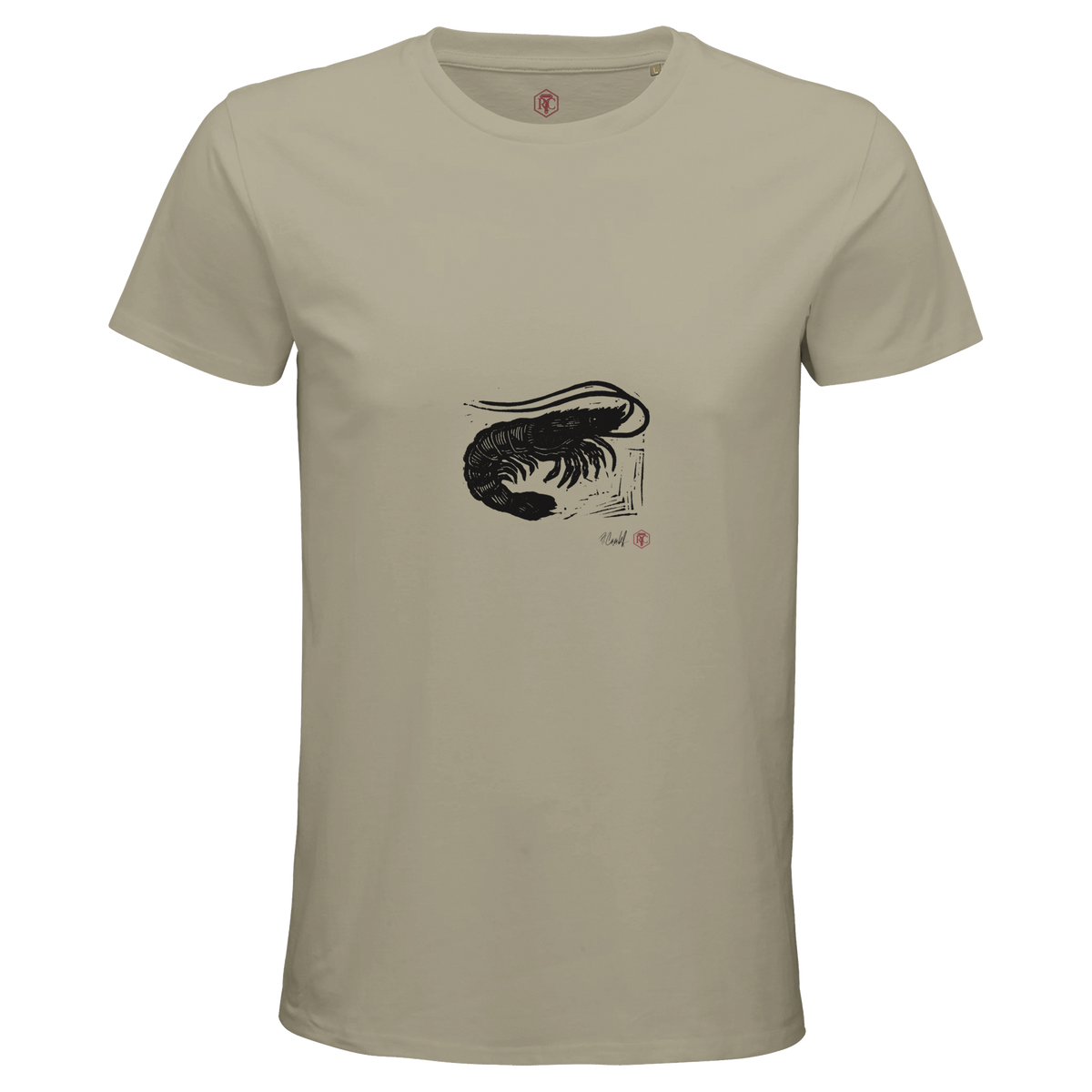 Organic cotton T-shirt with the linocut “Shrimp” – sand, men’s cut