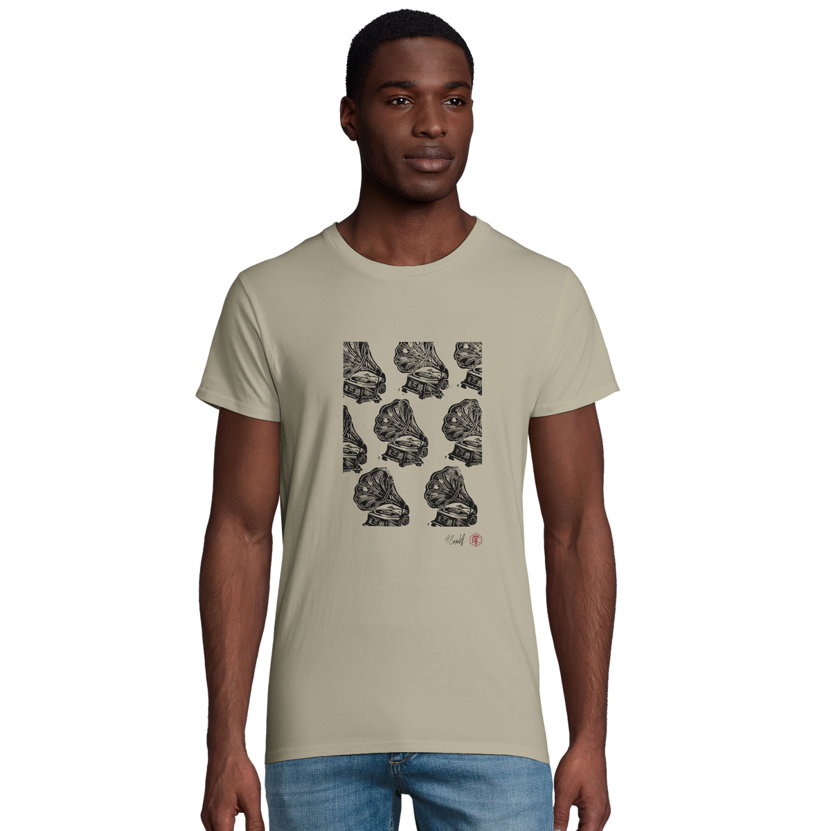 Model wearing T-shirt “Gramophones”, sand, men’s cut – front view