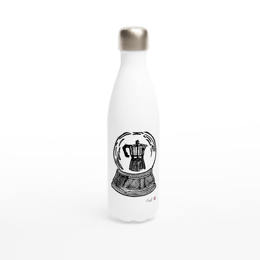 Stainless steel bottle with the linocut “Snow Globe Moka Pot” – view 1