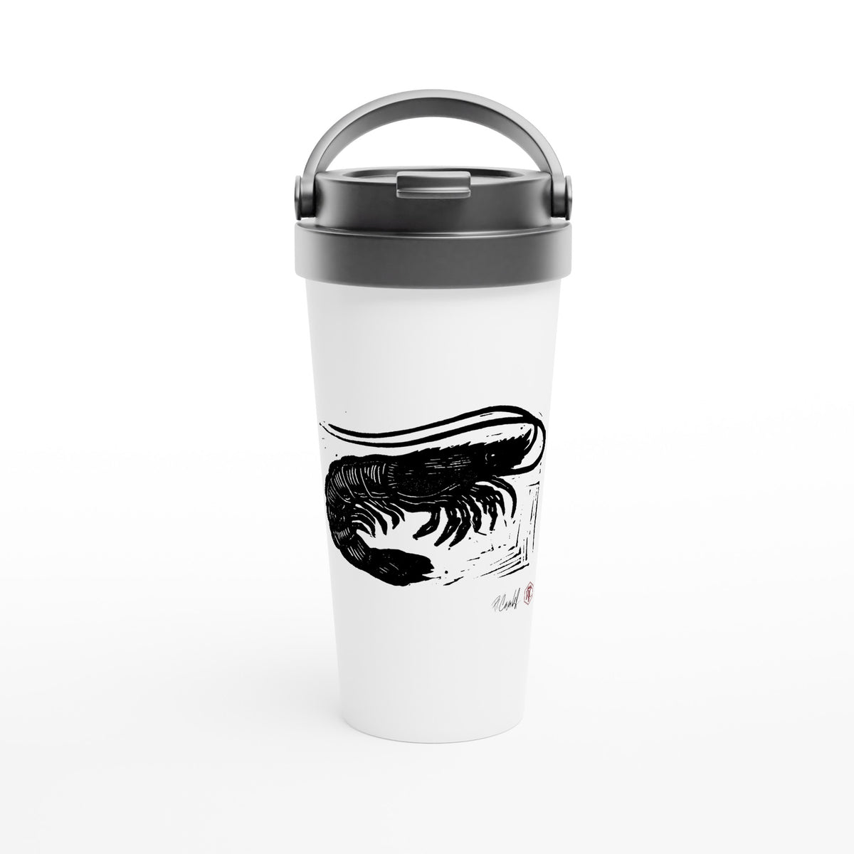 Stainless steel travel mug with the linocut “Shrimp” – view 1