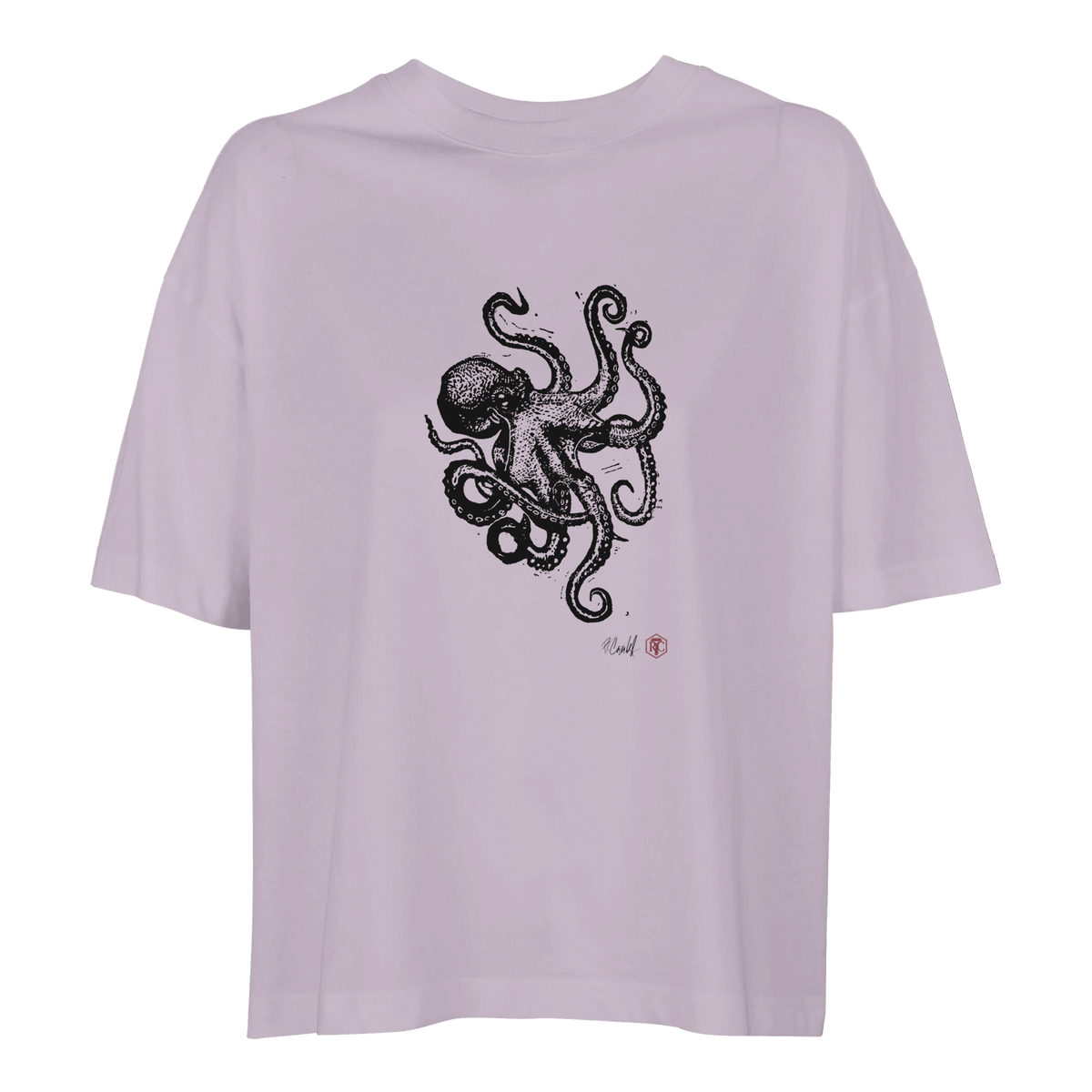 Organic cotton T-shirt with the linocut “Octopus” – lilac, women’s cut