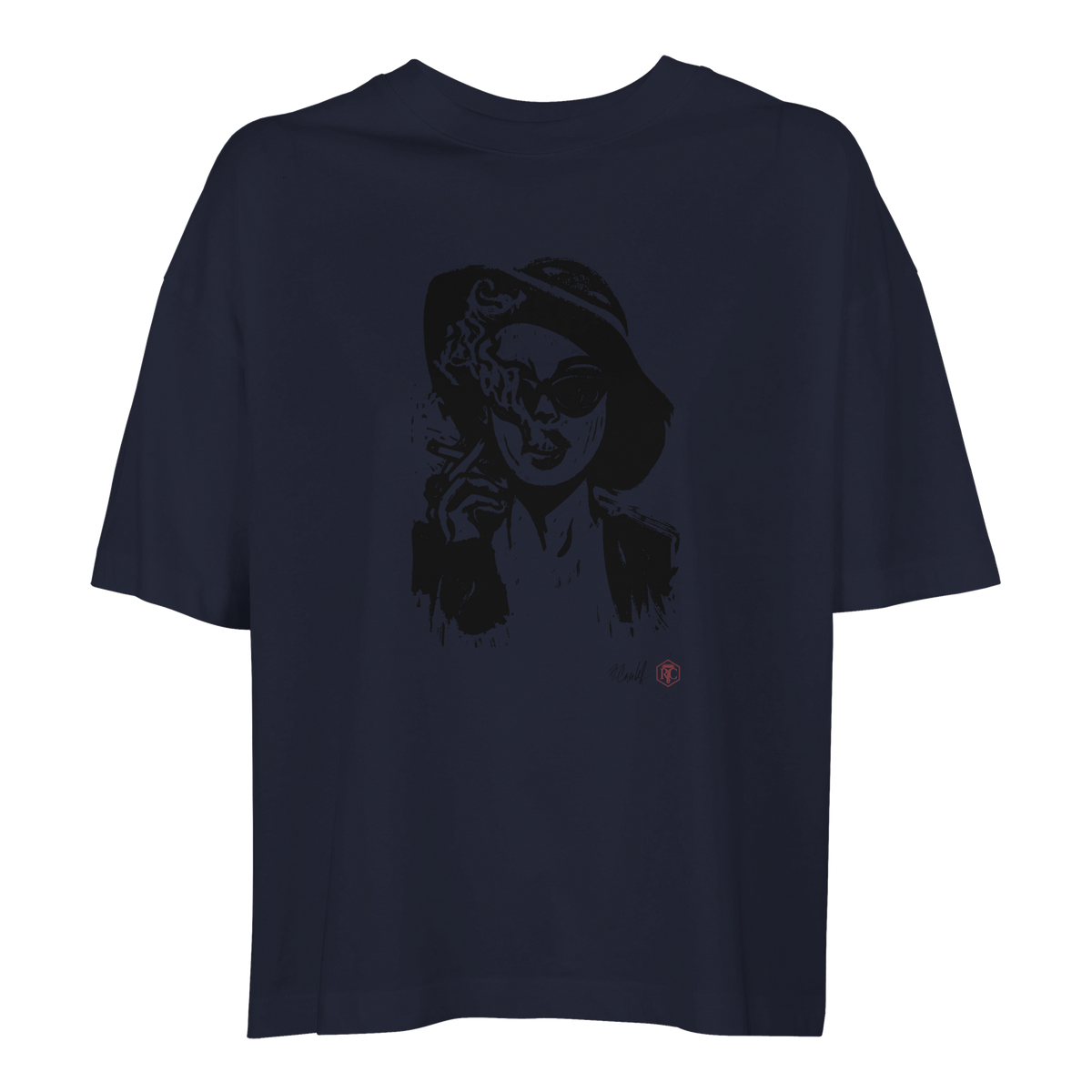 Organic cotton T-shirt with the linocut “Smoke” – navy blue, women’s cut