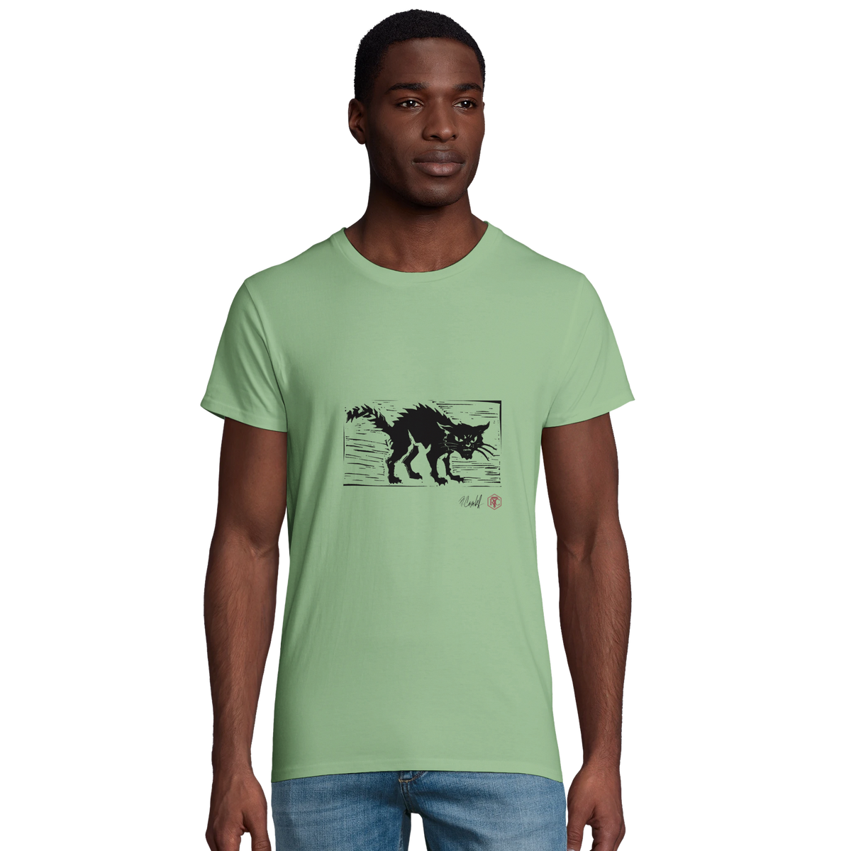 Model wearing T-shirt “Cat”, apple green, men’s cut – front view