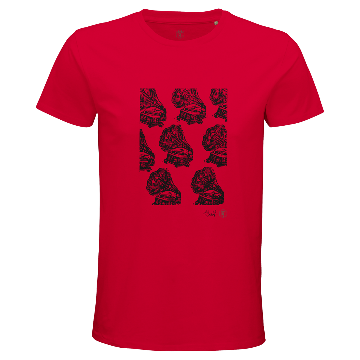 Organic cotton T-shirt with the linocut “Gramophones” – red, men’s cut