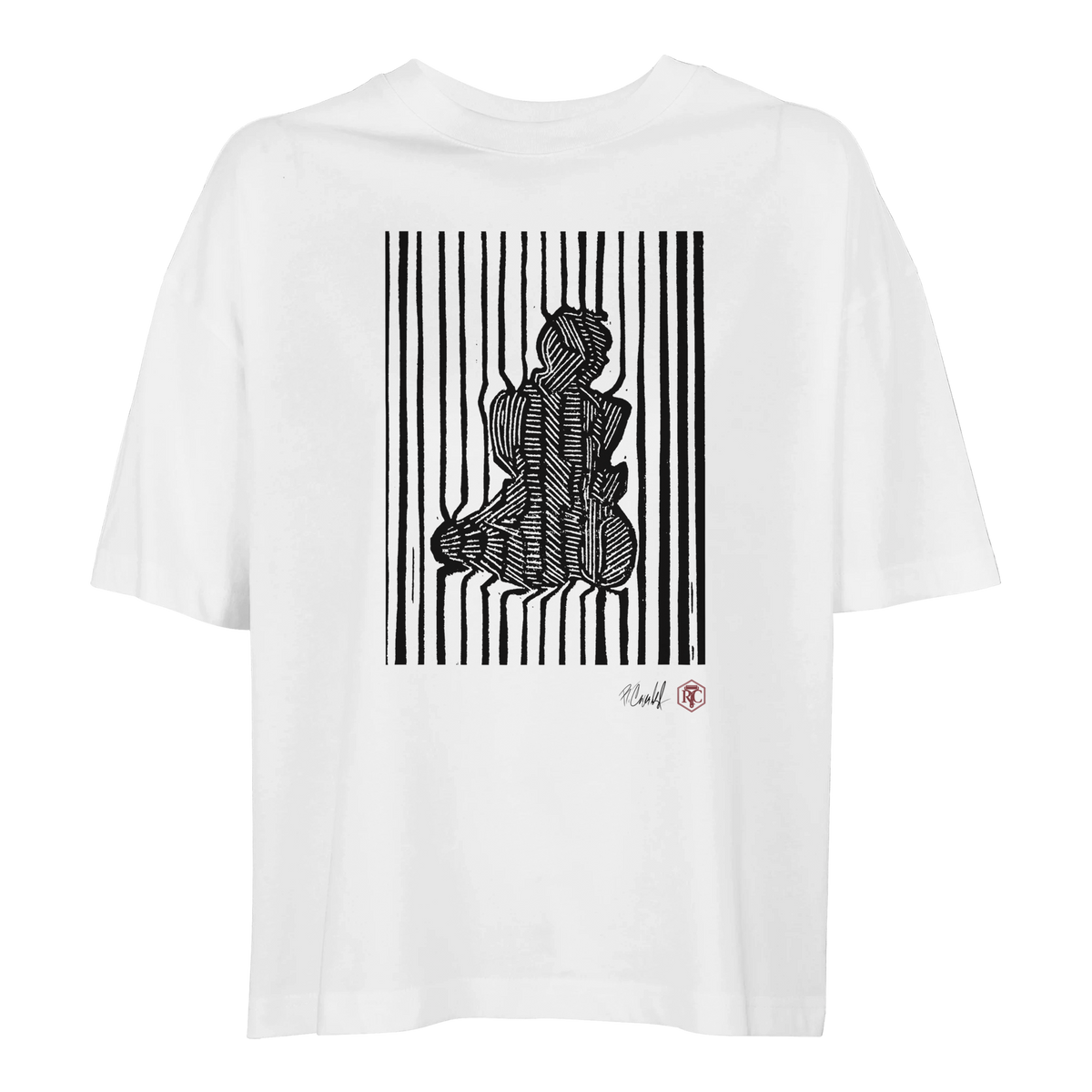 Organic cotton T-shirt with the linocut “Stripes” – white, women’s cut