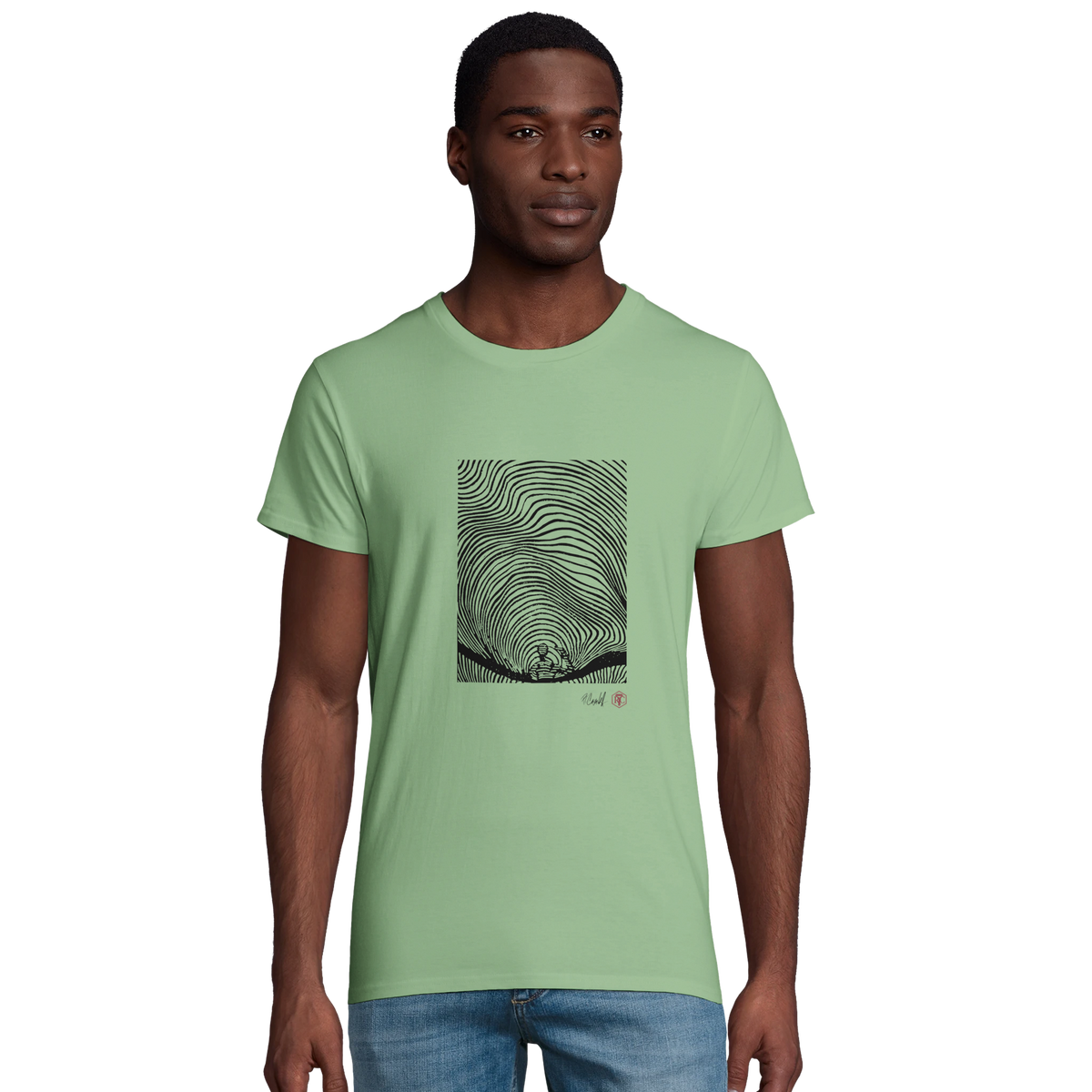 Model wearing T-shirt “Waves”, apple green, men’s cut – front view