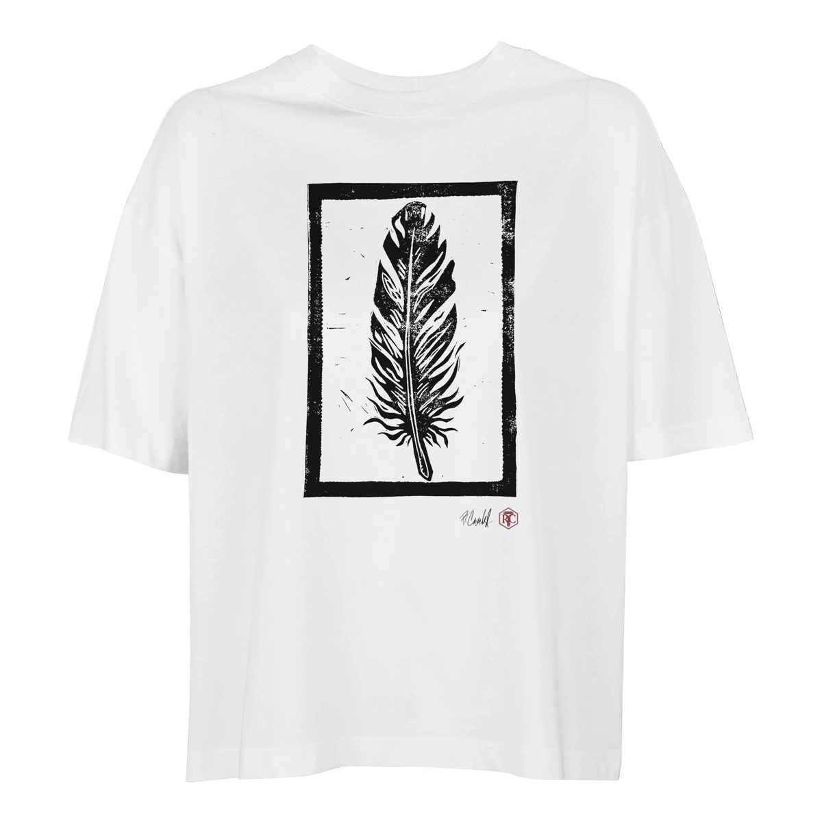 Organic cotton T-shirt with the linocut “Feather” – white, women’s cut