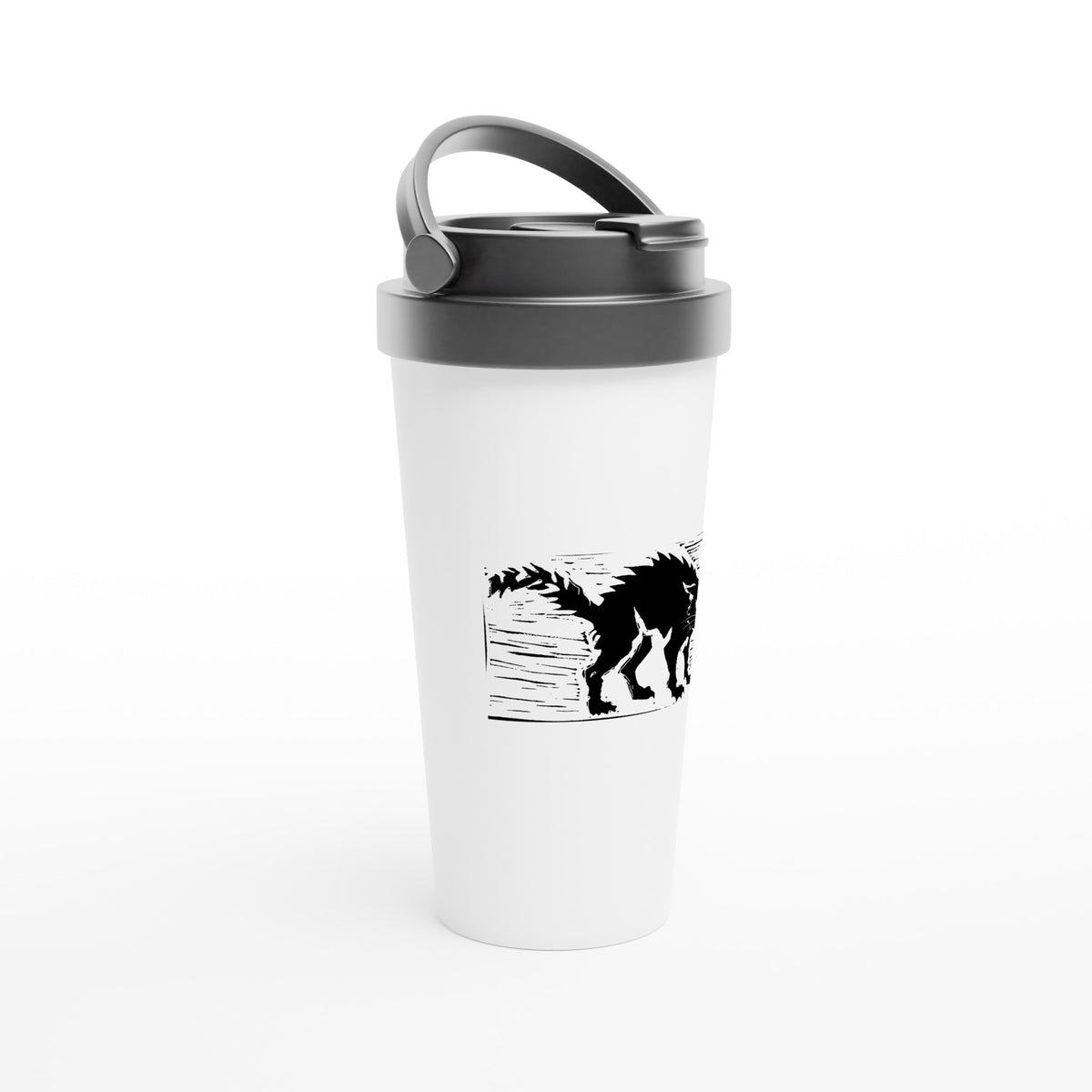 Stainless steel travel mug with the linocut “Cat” – view 2