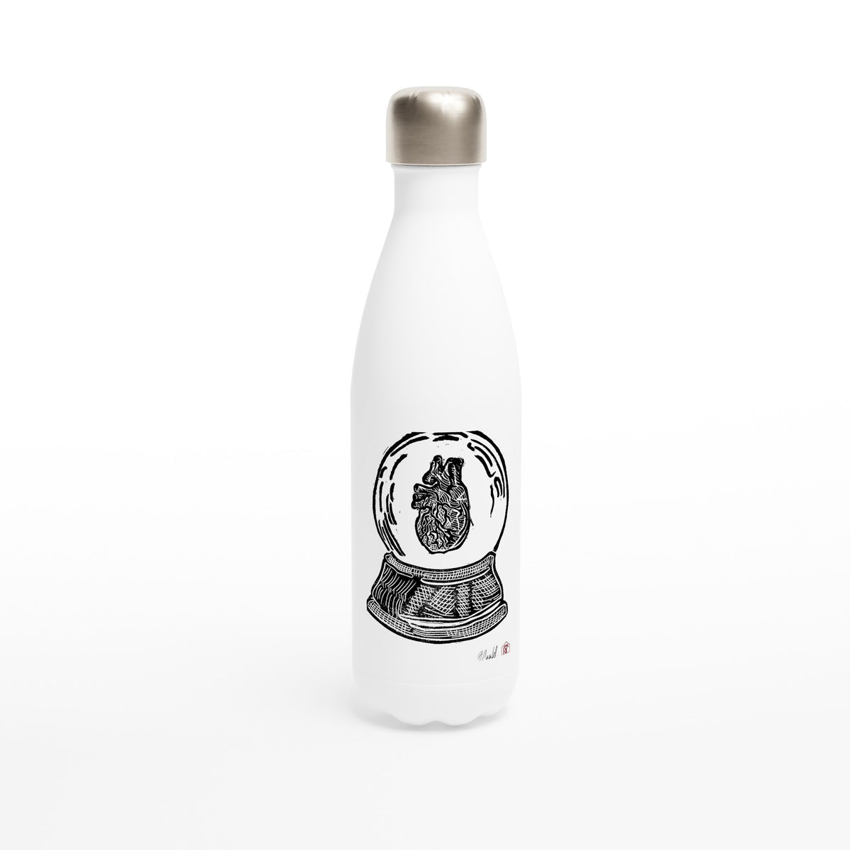 Trinkflasche aus Edelstahl mit Linolschnitt «Schneekugel Herz» – Ansicht 1