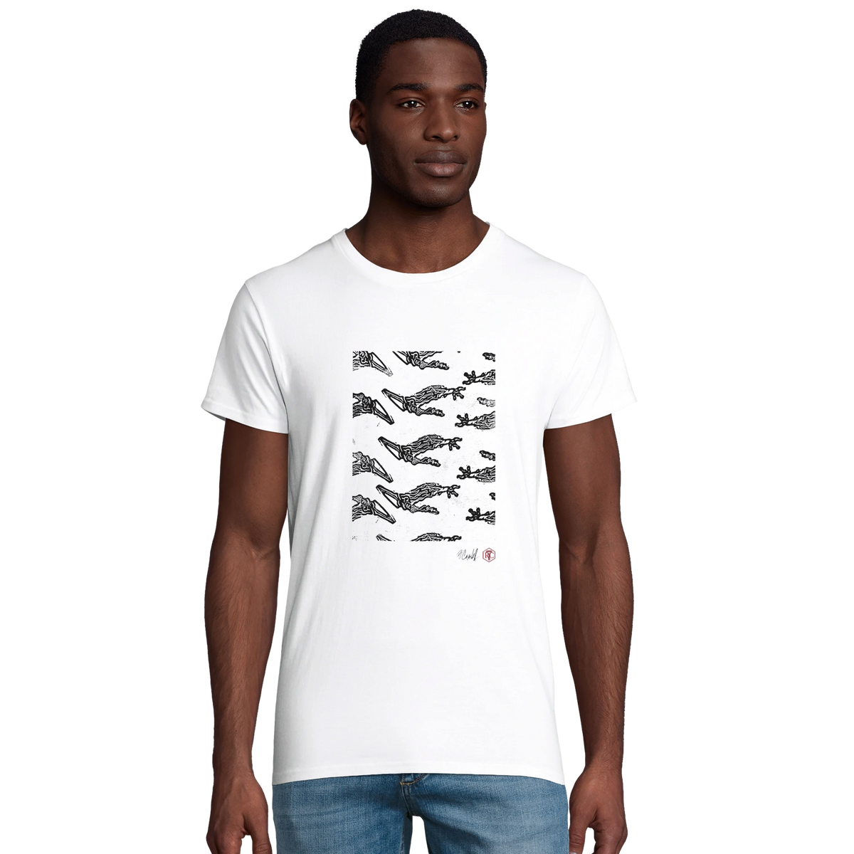 Model wearing T-shirt “Claws”, white, men’s cut – front view
