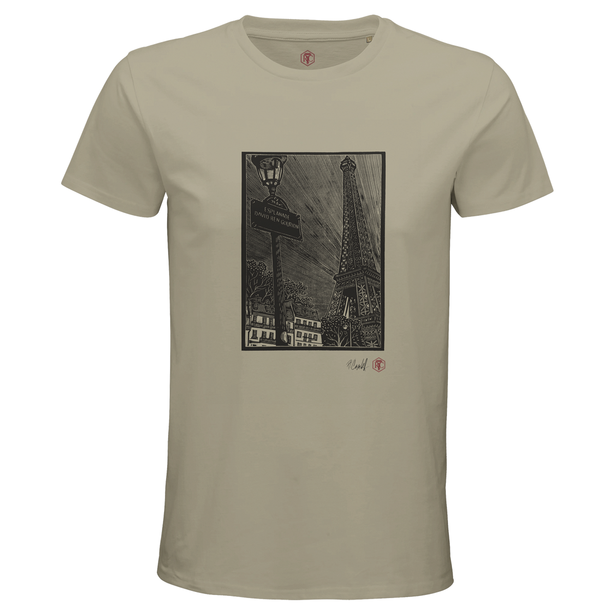 Organic cotton T-shirt with the linocut “Esplanade, Paris” – sand, men’s cut