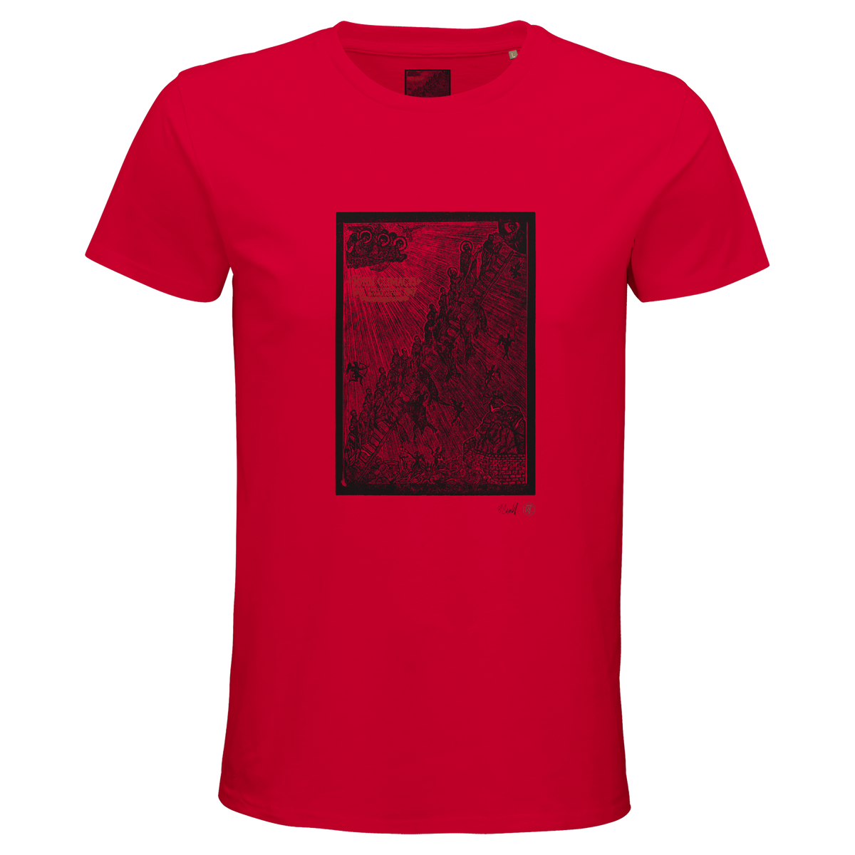 Organic cotton T-shirt with the linocut “The Ladder” – red, men’s cut