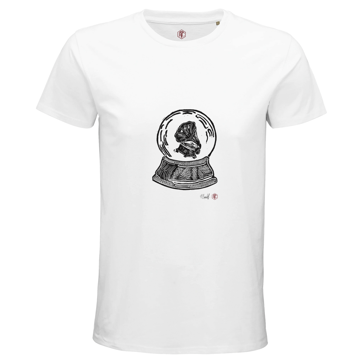 Organic cotton T-shirt with the linocut “Snow Globe Gramophone” – white, men’s cut