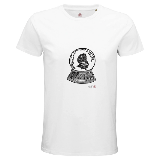 Organic cotton T-shirt with the linocut “Snow Globe Gramophone” – white, men’s cut