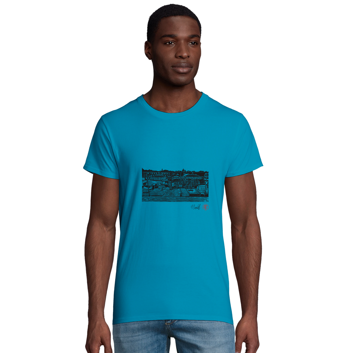 Model wearing T-shirt “The Domes”, aqua, men’s cut – front view