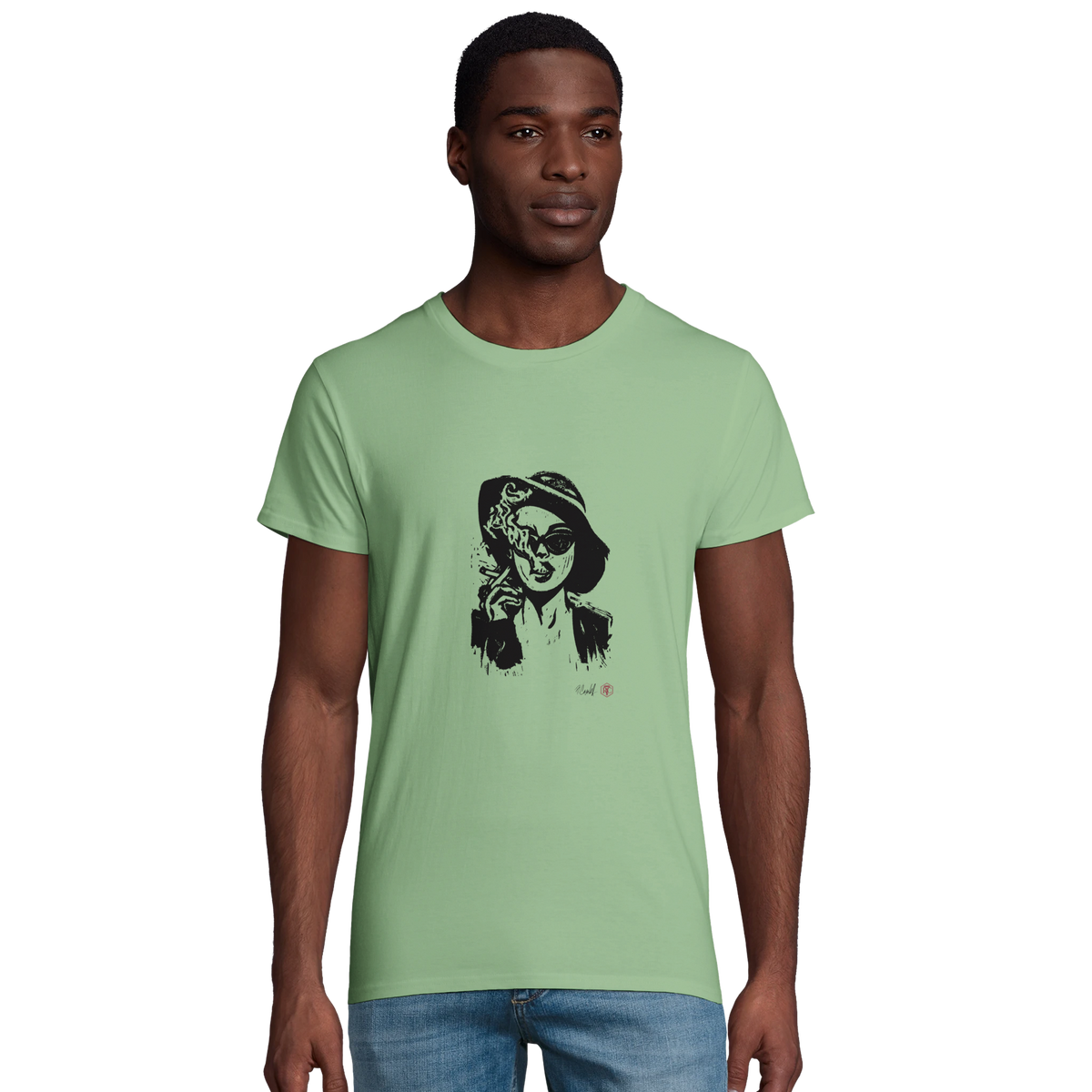 Model wearing T-shirt “Smoke”, apple green, men’s cut – front view