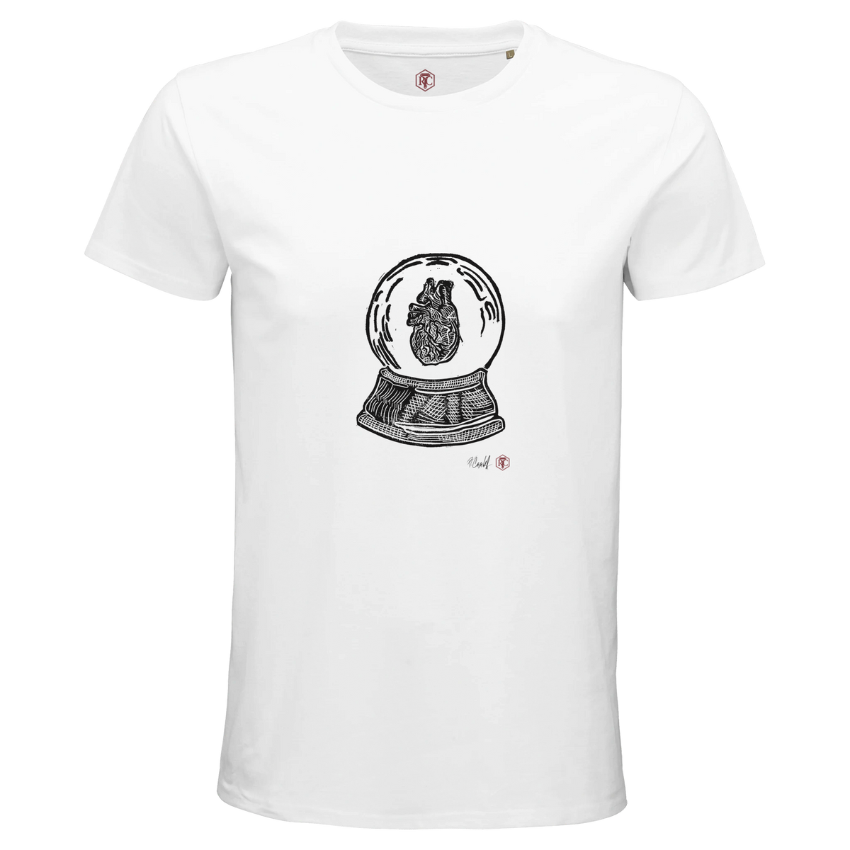 Organic cotton T-shirt with the linocut “Snow Globe Heart” – white, men’s cut