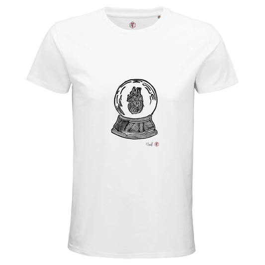 Organic cotton T-shirt with the linocut “Snow Globe Heart” – white, men’s cut