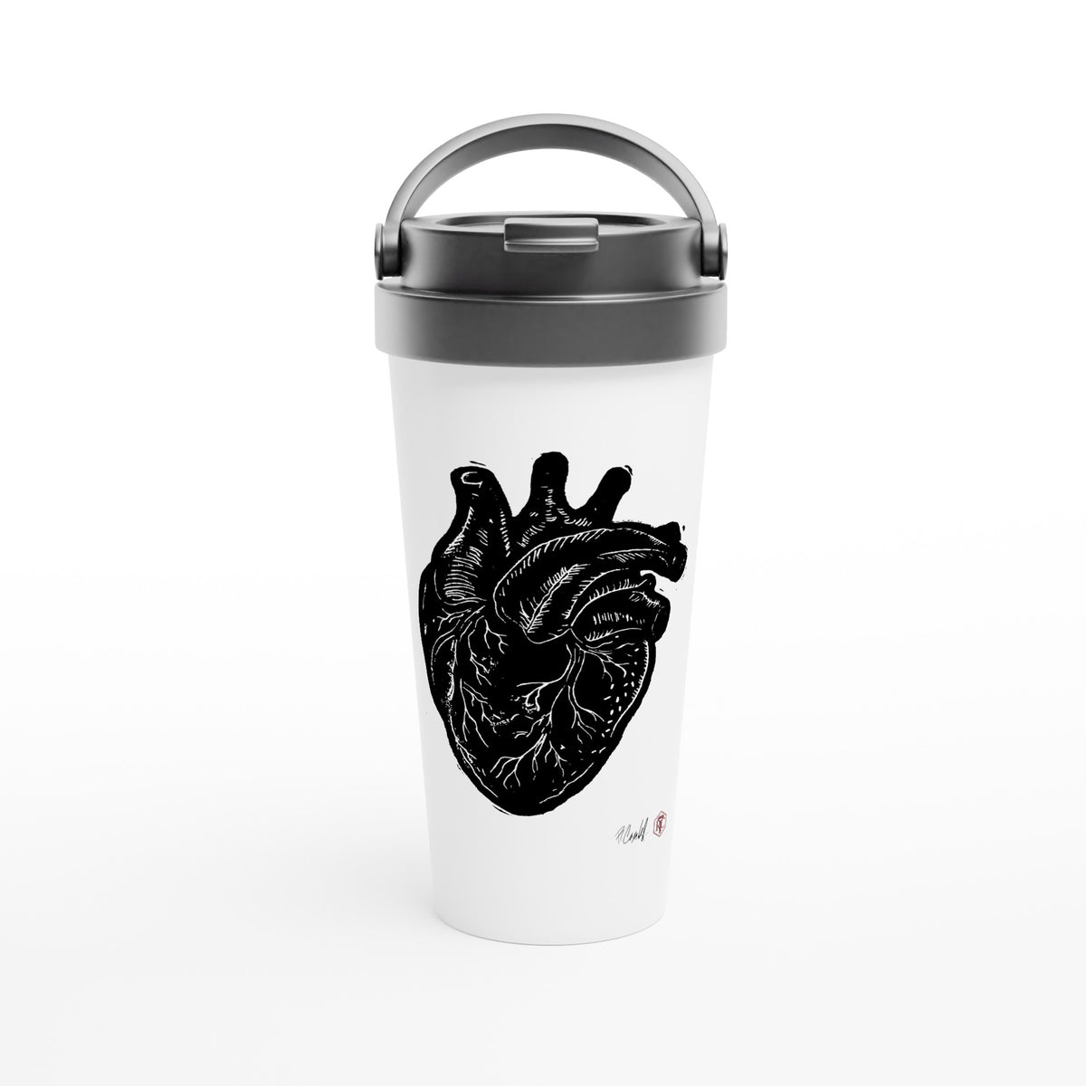 Stainless steel travel mug with the linocut “Anatomical Heart” – view 1