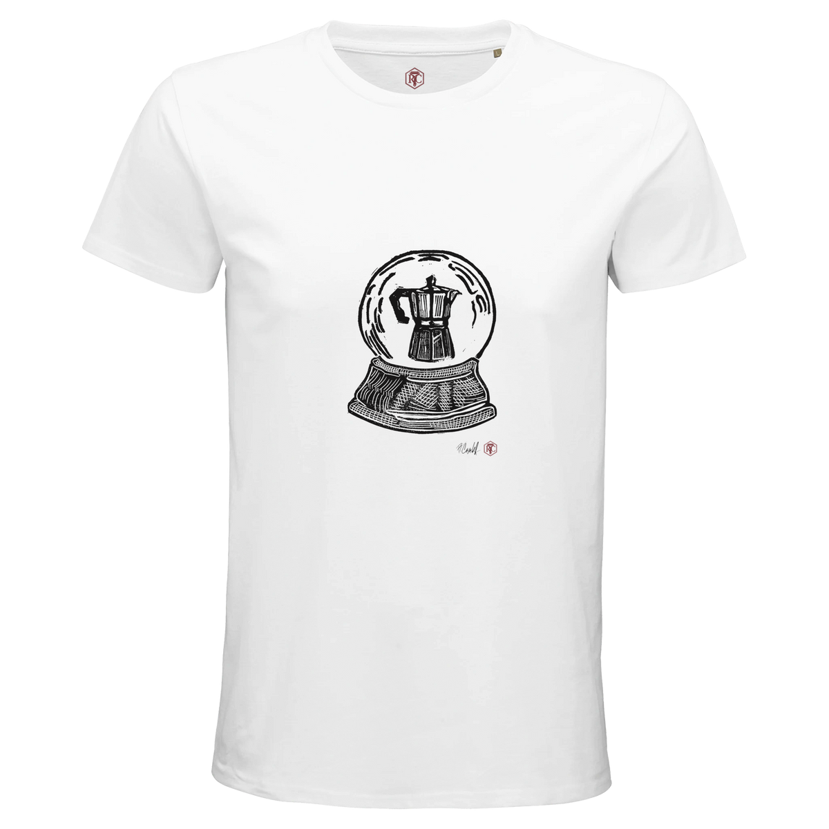 Organic cotton T-shirt with the linocut “Snow Globe Moka Pot” – white, men’s cut
