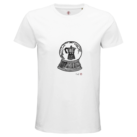 Organic cotton T-shirt with the linocut “Snow Globe Moka Pot” – white, men’s cut