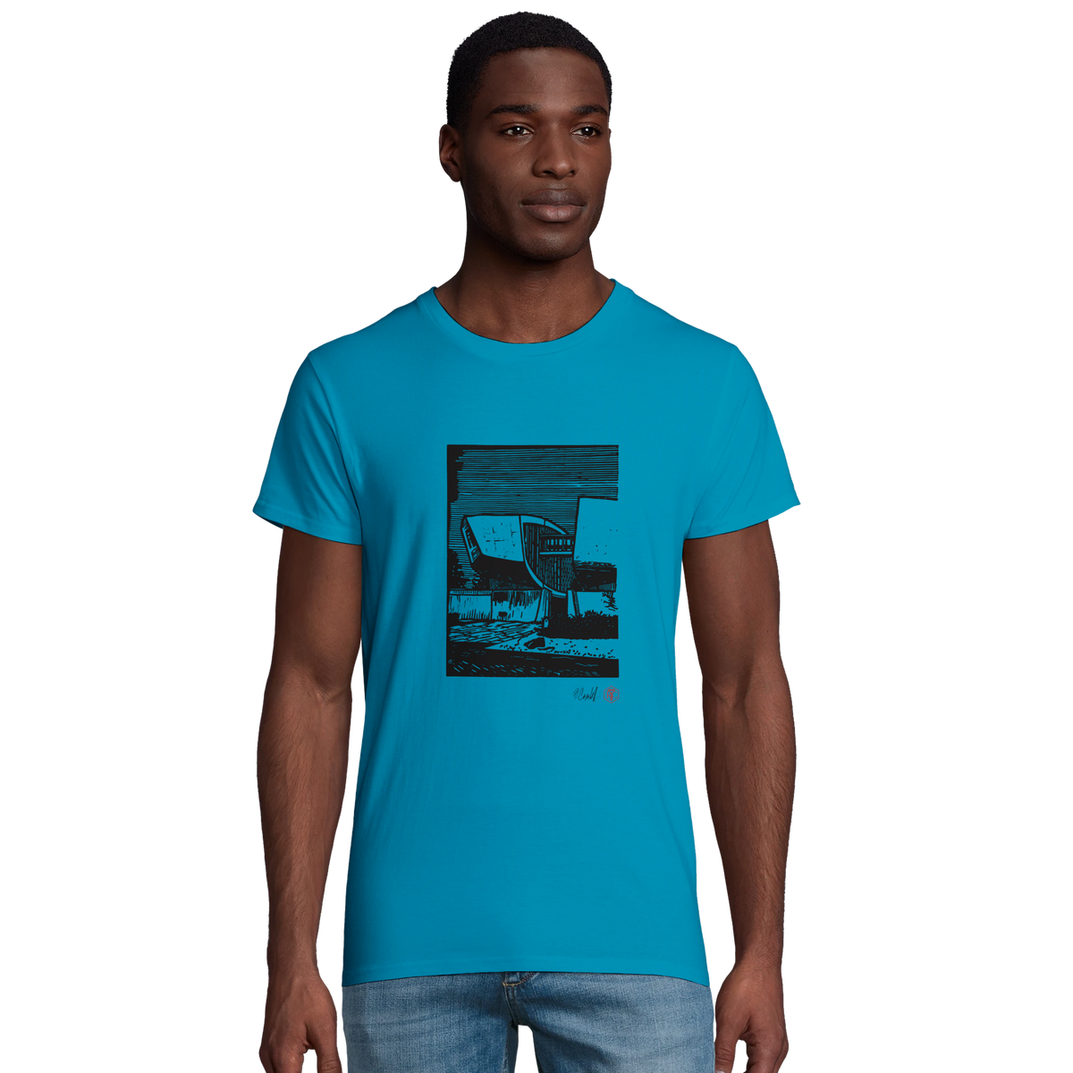 Model wearing T-shirt “SNP”, aqua, men’s cut – front view
