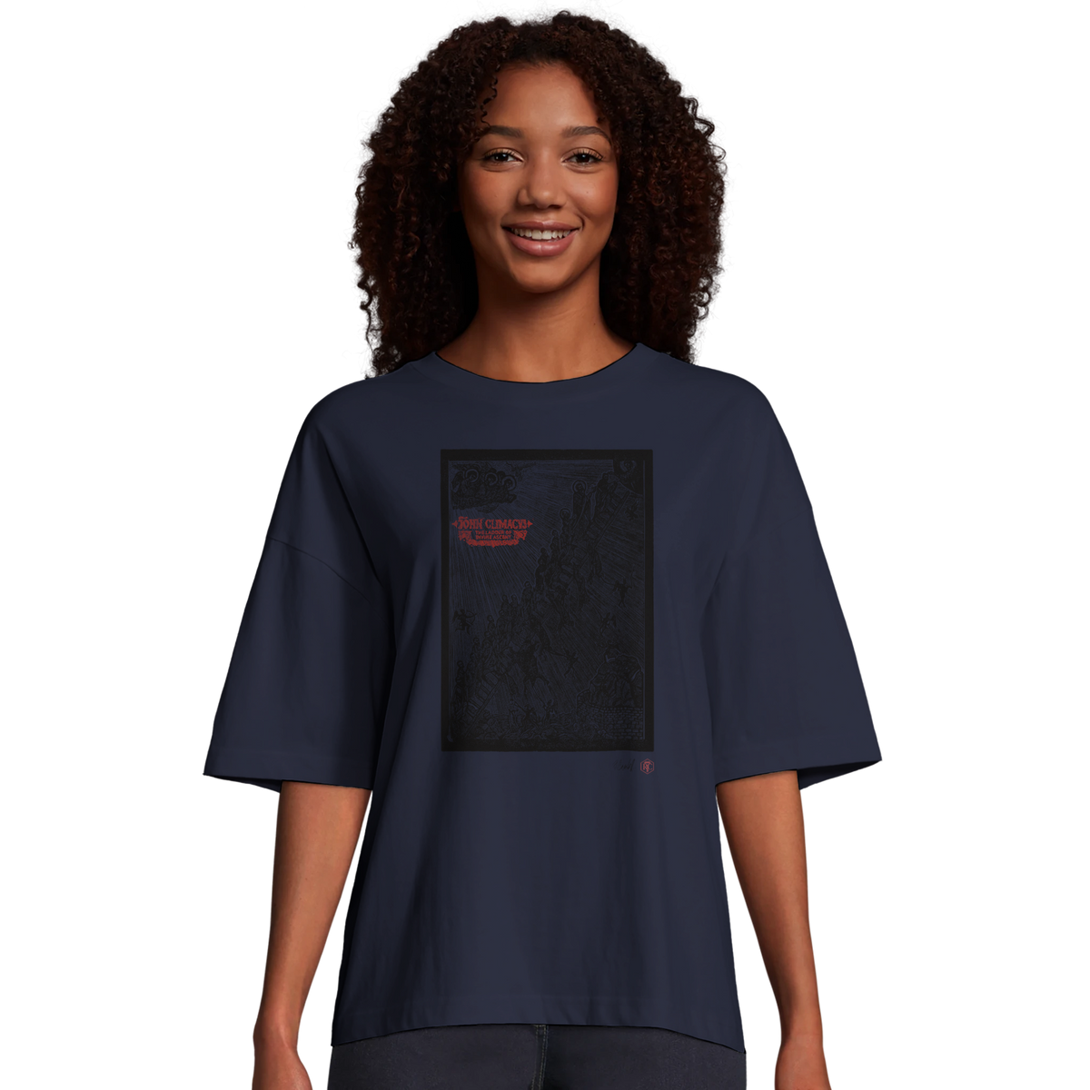 Model wearing T-shirt “The Ladder”, navy blue, women’s cut – front view