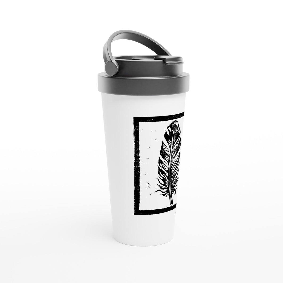Stainless steel travel mug with the linocut “Feather” – view 2