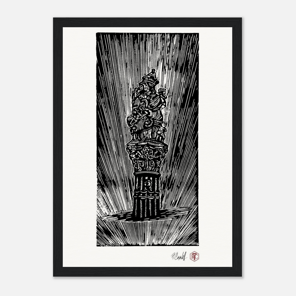 Framed art print, black wooden frame, linocut “The Fountain, Bern” – front view