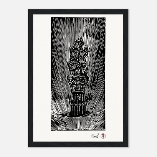 Framed art print, black wooden frame, linocut “The Fountain, Bern” – front view