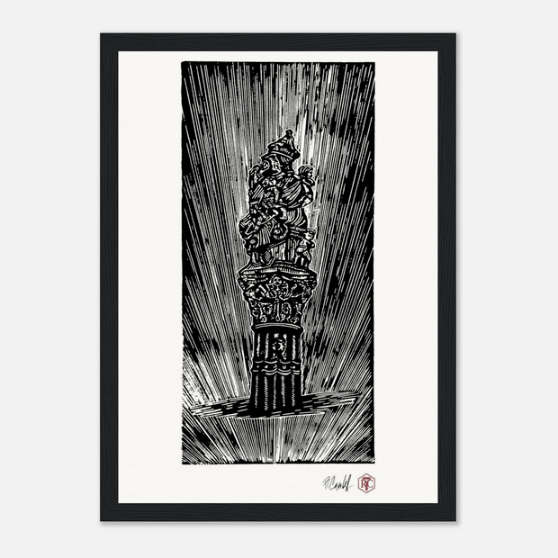 Framed art print, black wooden frame, linocut “The Fountain, Bern” – front view