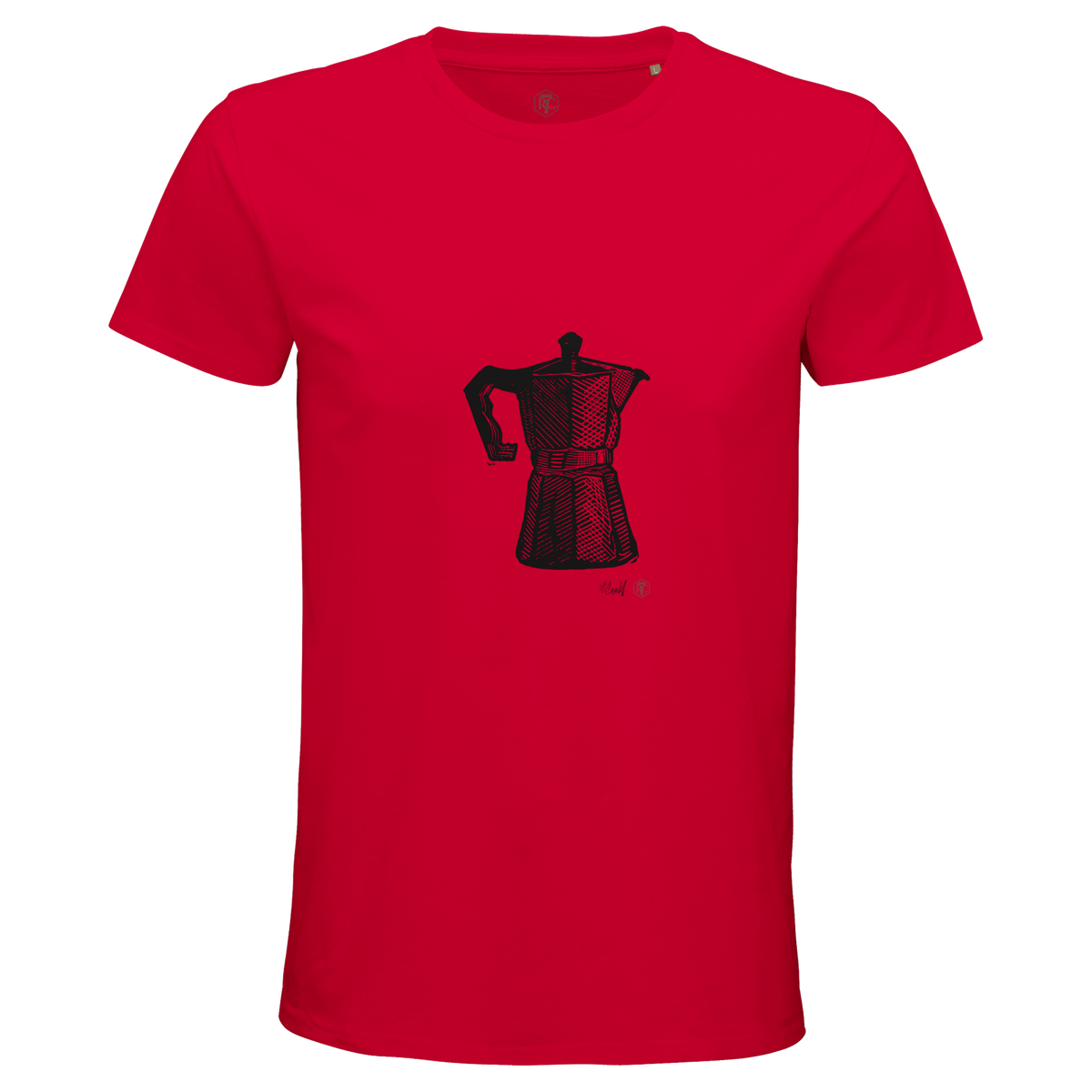 Organic cotton T-shirt with the linocut “Moka Pot” – red, men’s cut