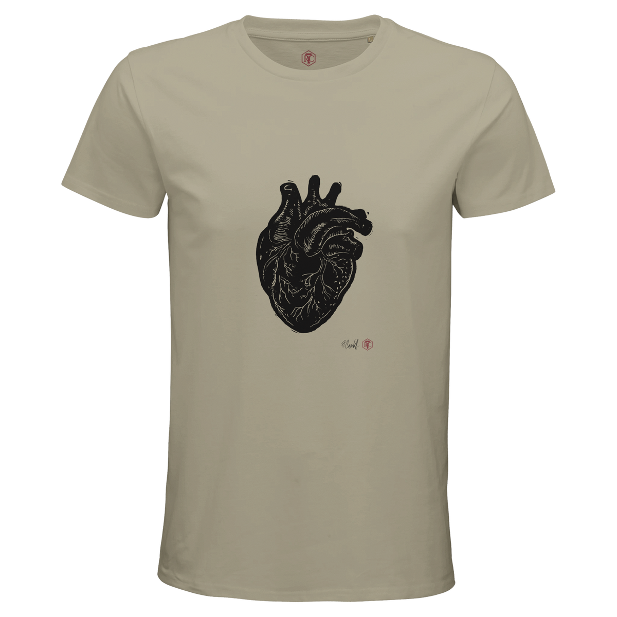 Organic cotton T-shirt with the linocut “Anatomical Heart” – sand, men’s cut