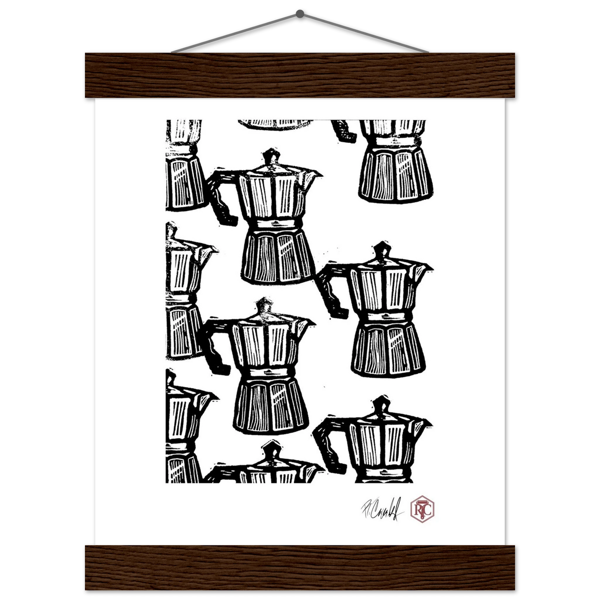Poster 20 × 25 cm with wooden hanger, linocut “Moka” – front view