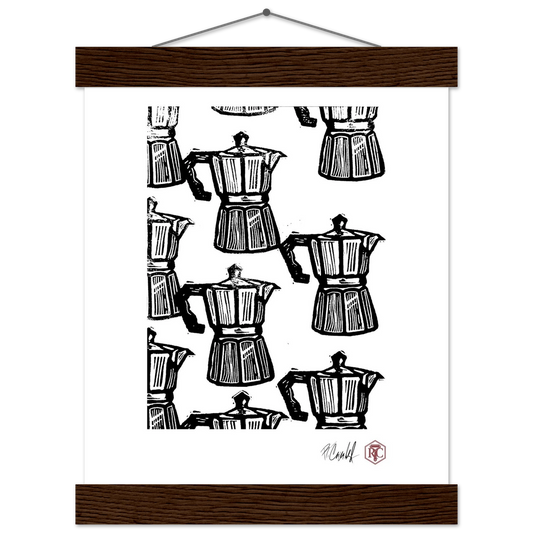 Poster 20 × 25 cm with wooden hanger, linocut “Moka” – front view