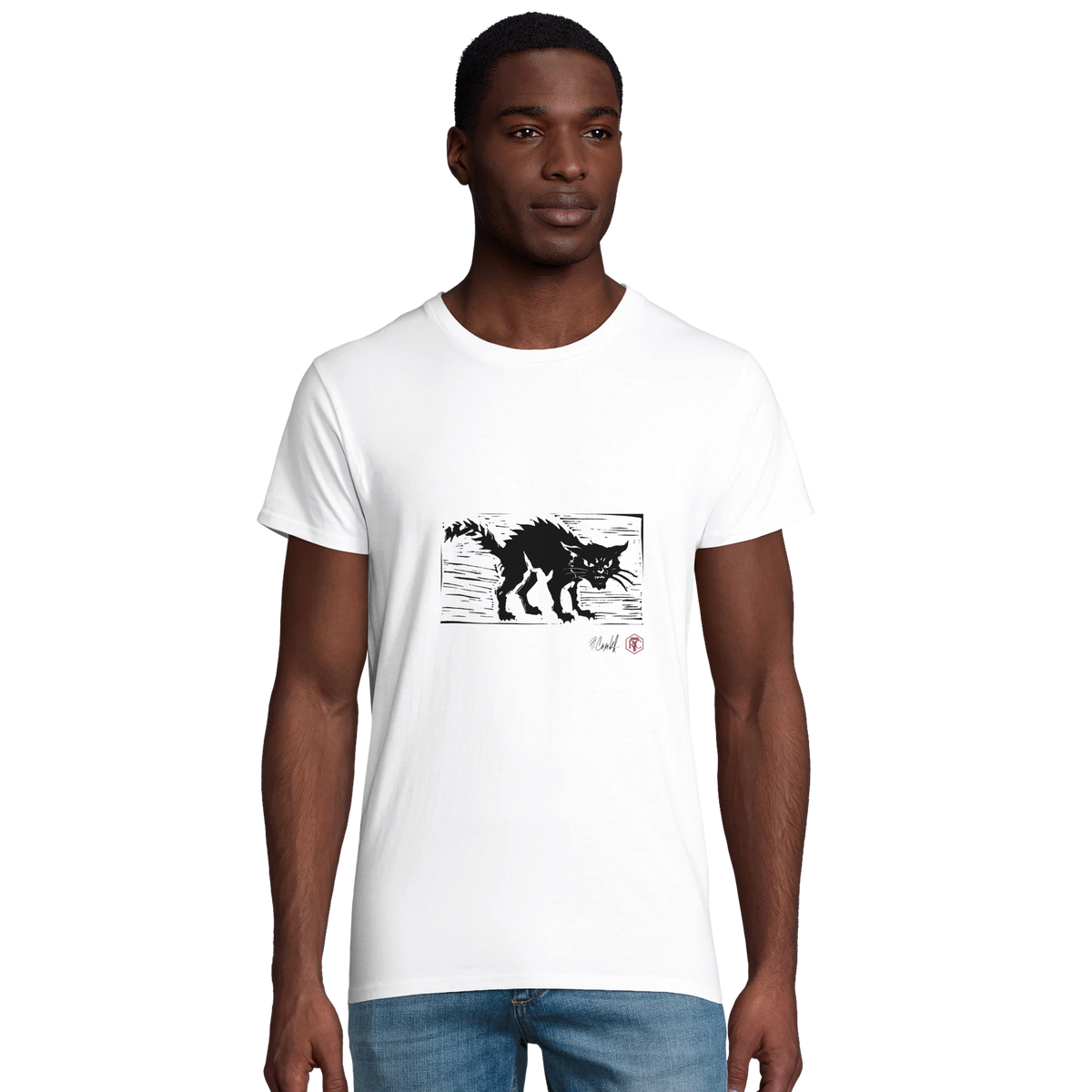 Model wearing T-shirt “Cat”, white, men’s cut – front view