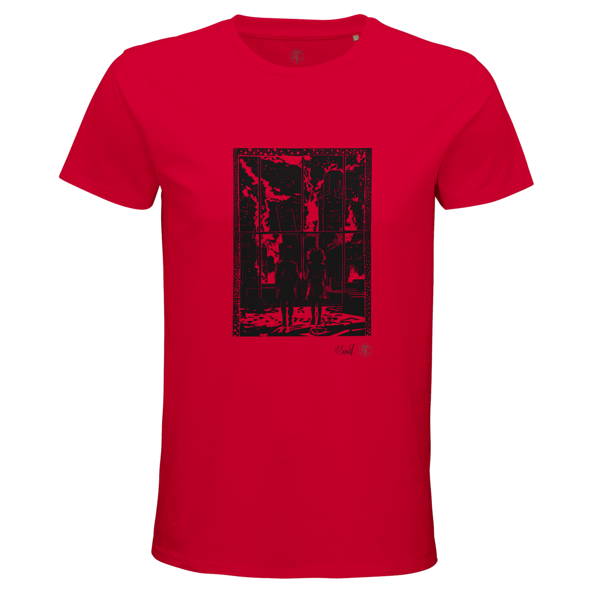 Organic cotton T-shirt with the linocut “The Window” – red, men’s cut