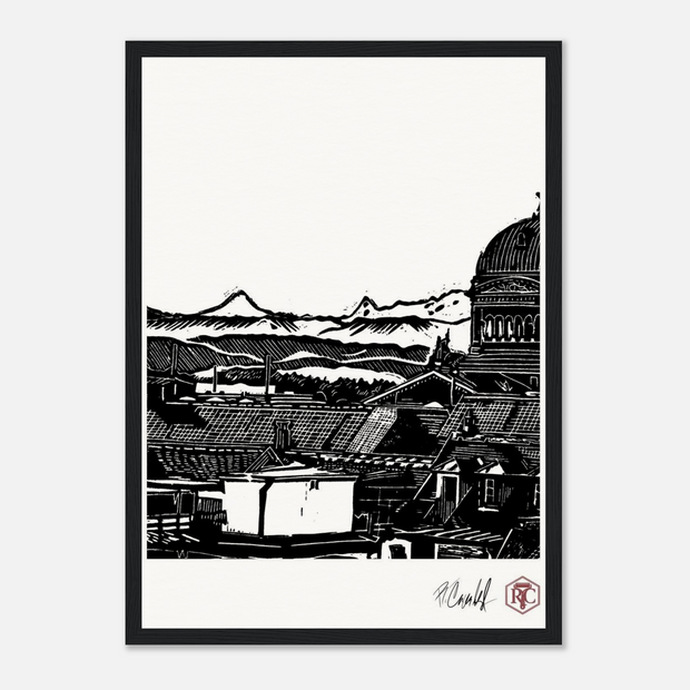 Framed art print, black wooden frame, linocut “Above Bern” – front view