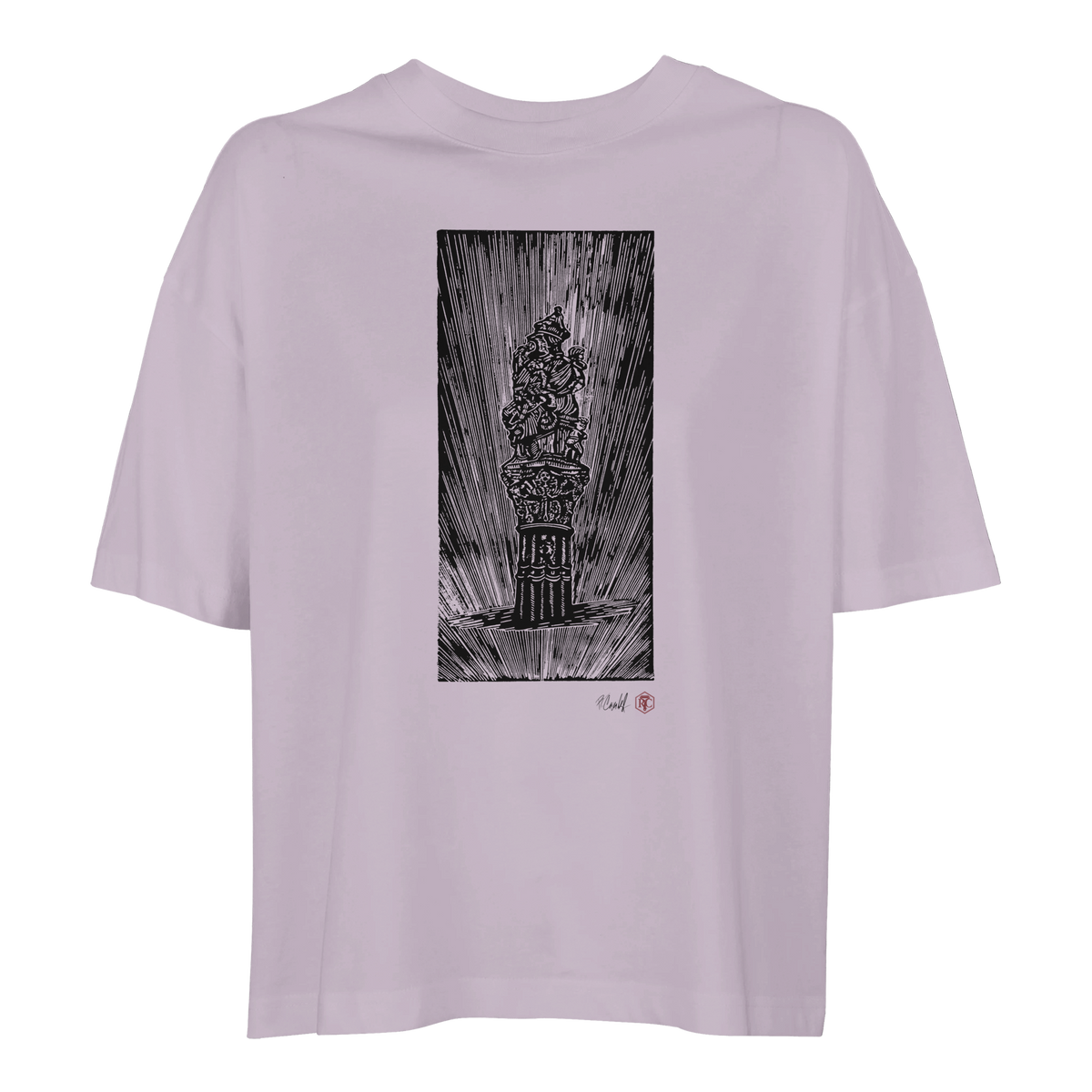 Organic cotton T-shirt with the linocut “The Fountain, Bern” – lilac, women’s cut