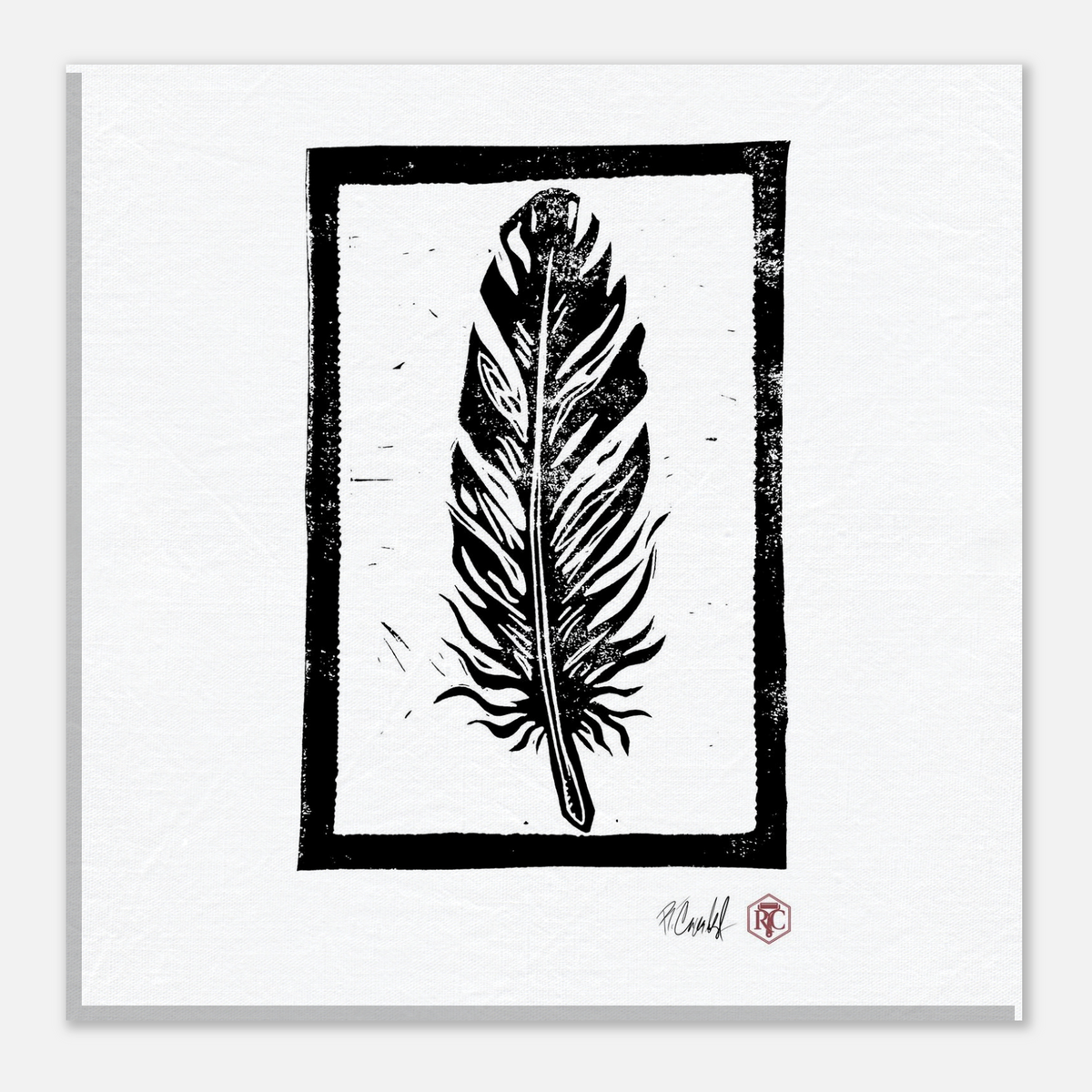 Canvas print 20 × 20 cm with the linocut “Feather” – front view
