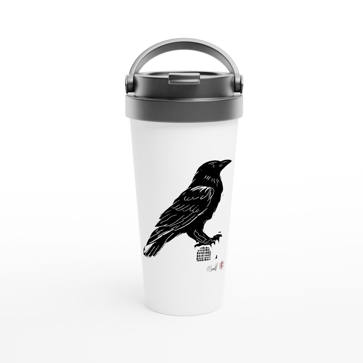 Stainless steel travel mug with the linocut “Raven” – view 1