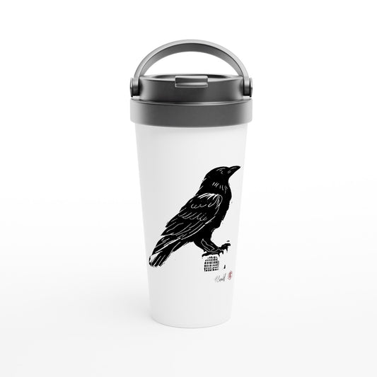 Stainless steel travel mug with the linocut “Raven” – view 1