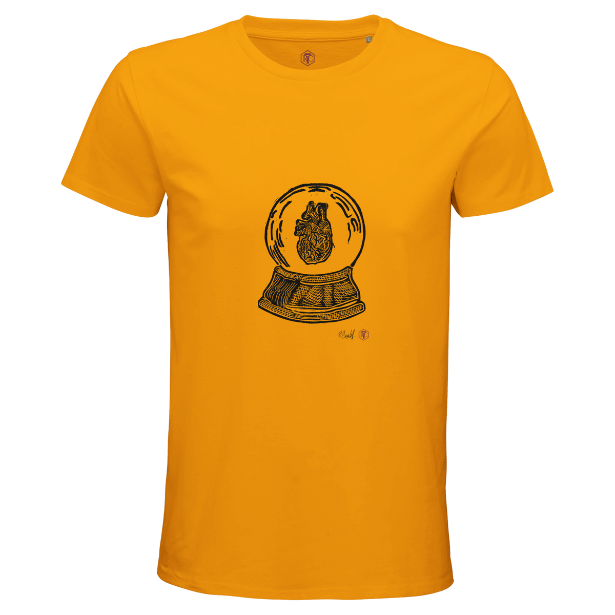 Organic cotton T-shirt with the linocut “Snow Globe Heart” – gold, men’s cut