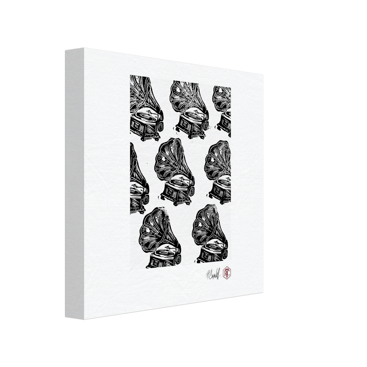 Canvas print 20 × 20 cm with the linocut “Gramophones” – side view