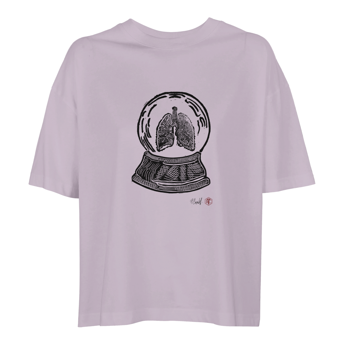 Organic cotton T-shirt with the linocut “Snow Globe Lungs” – lilac, women’s cut