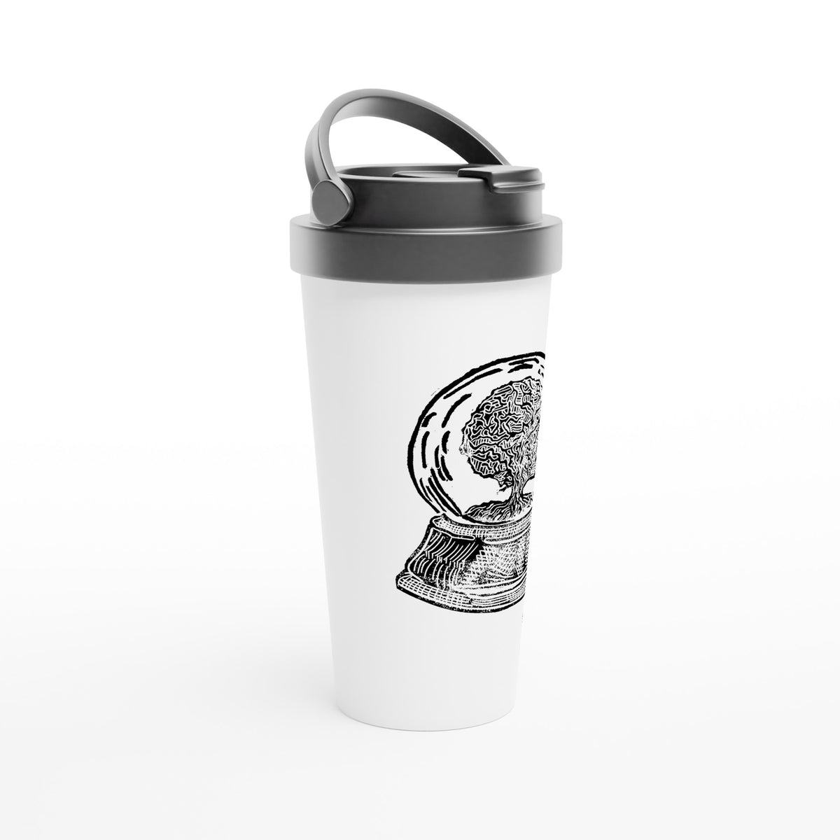 Stainless steel travel mug with the linocut “Snow Globe Tree” – view 2