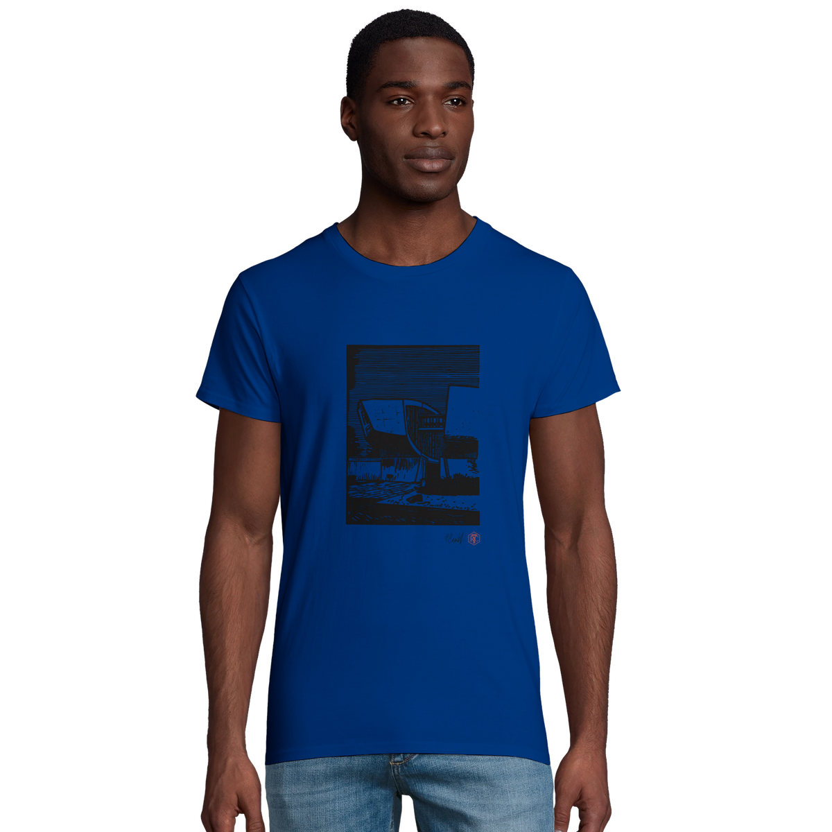Model wearing T-shirt “SNP”, royal blue, men’s cut – front view