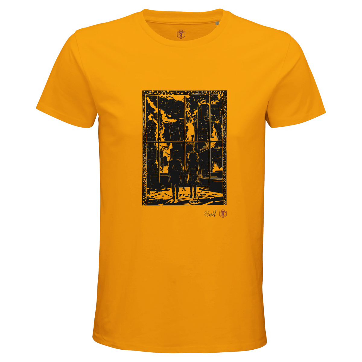 Organic cotton T-shirt with the linocut “The Window” – gold, men’s cut